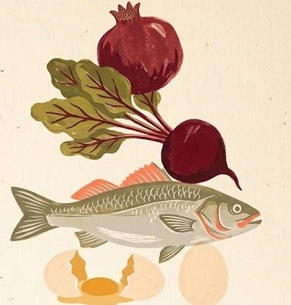 Illustration of food: pomegranate, beetroot and fish